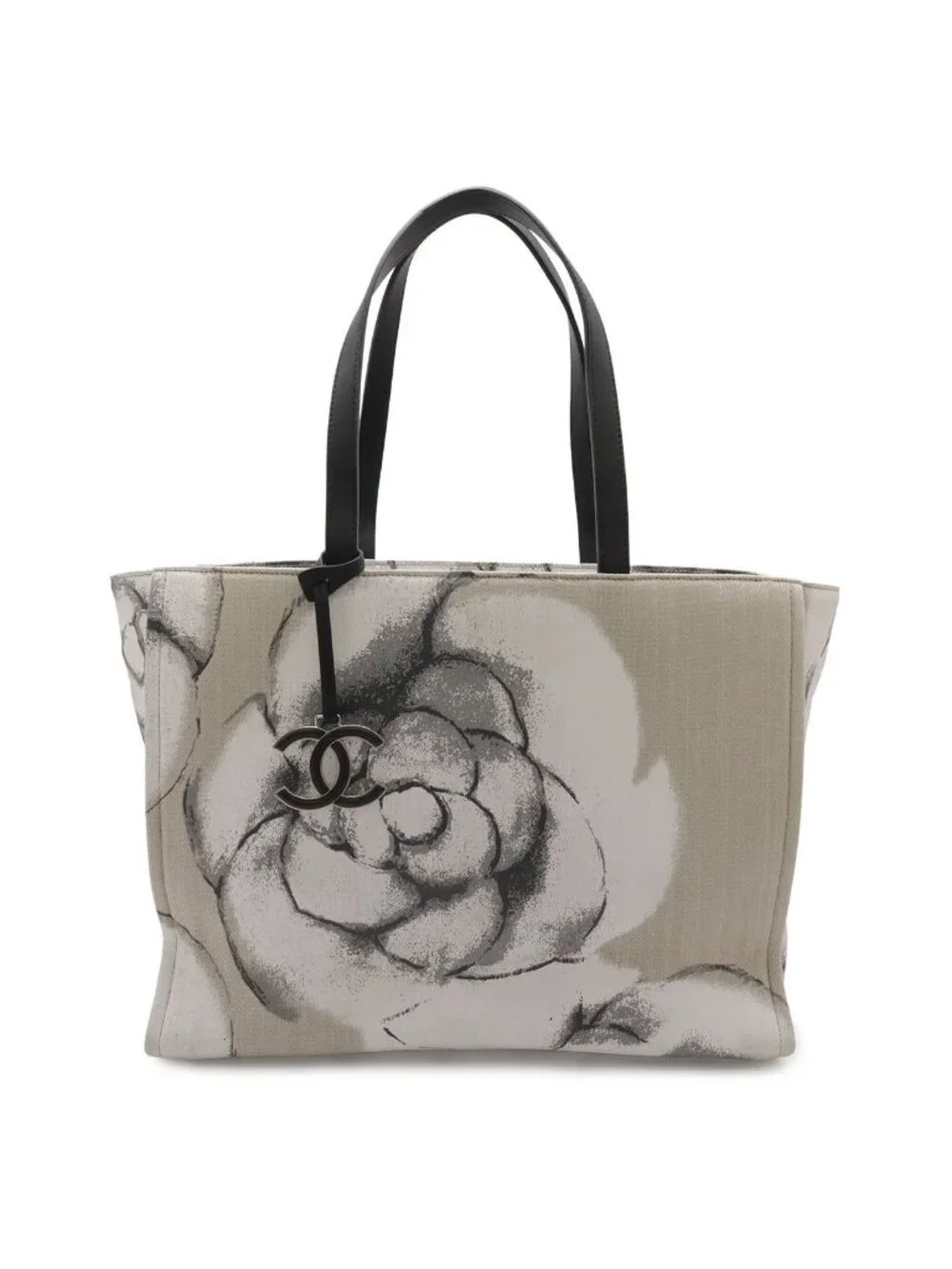 Chanel Camellia CC Logo Tote Shoulder Bag Canvas Leather Gray White Black